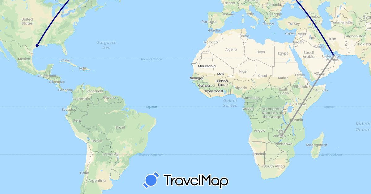 TravelMap itinerary: driving, plane in United Arab Emirates, United States, Zambia (Africa, Asia, North America)
